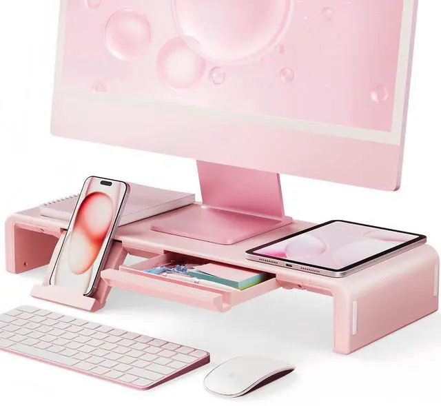 Main image of Pink Monitor Stand Riser, Klearlook Foldable, Height Adjustable Computer Stand, Desk Shelf Riser with Storage Drawer &Tablet Phone Stand for Desktop, Laptop