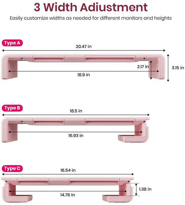Alt view image 5 of 7 - Pink Monitor Stand Riser, Klearlook Foldable, Height Adjustable Computer Stand, Desk Shelf Riser with Storage Drawer &Tablet Phone Stand for Desktop, Laptop