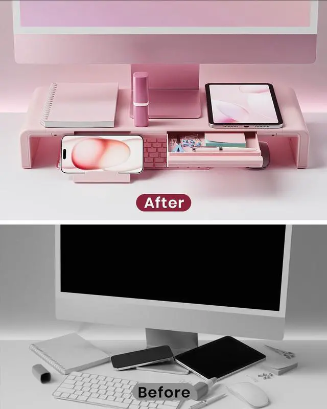 Alt view image 6 of 7 - Pink Monitor Stand Riser, Klearlook Foldable, Height Adjustable Computer Stand, Desk Shelf Riser with Storage Drawer &Tablet Phone Stand for Desktop, Laptop