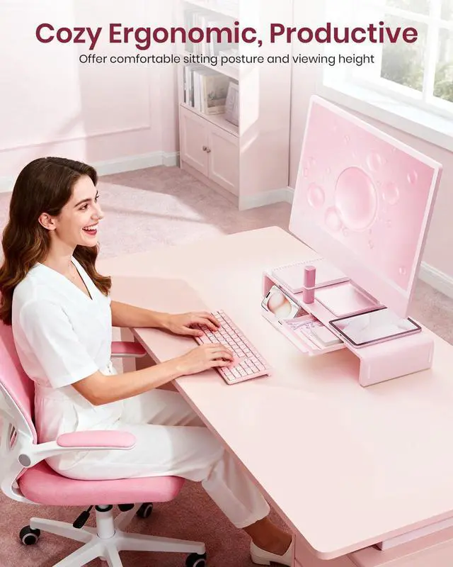 Alt view image 7 of 7 - Pink Monitor Stand Riser, Klearlook Foldable, Height Adjustable Computer Stand, Desk Shelf Riser with Storage Drawer &Tablet Phone Stand for Desktop, Laptop