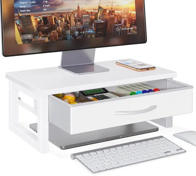 Main image of Desk Organizers and Accessories, Computer Monitor Stand Riser with Drawer, White Laptop Stand for Desk with Storage, Office Organization, Wood
