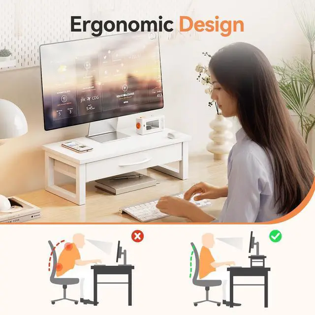 Alt view image 2 of 7 - Desk Organizers and Accessories, Computer Monitor Stand Riser with Drawer, White Laptop Stand for Desk with Storage, Office Organization, Wood