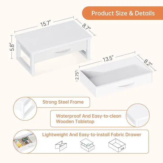 Alt view image 6 of 7 - Desk Organizers and Accessories, Computer Monitor Stand Riser with Drawer, White Laptop Stand for Desk with Storage, Office Organization, Wood