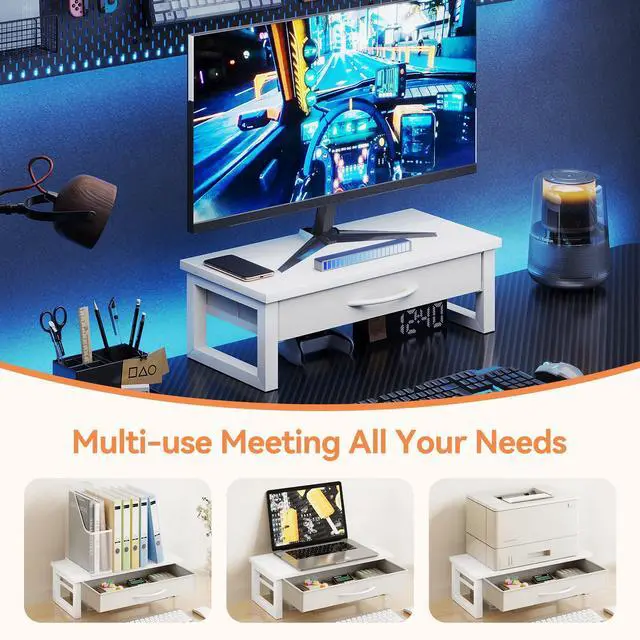 Alt view image 5 of 7 - Desk Organizers and Accessories, Computer Monitor Stand Riser with Drawer, White Laptop Stand for Desk with Storage, Office Organization, Wood
