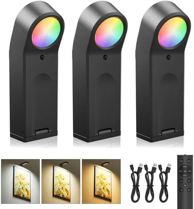Main image of Picture Lights for Wall: Compact Rechargeable Wireless Art Light with Remote Timer, 65H Battery Operated Poster Lights - Dimmable 3 Color Temps & 8 RGB for Paintings Gallery Frames Black, 3 Pack