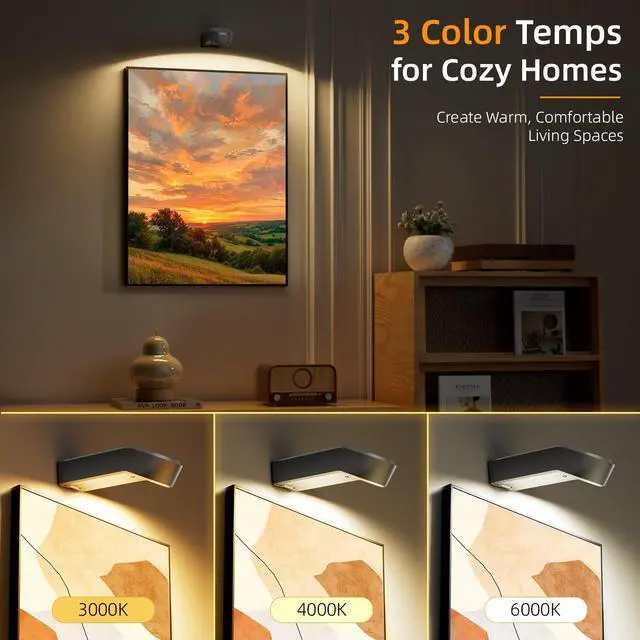 Alt view image 4 of 7 - Picture Lights for Wall: Compact Rechargeable Wireless Art Light with Remote Timer, 65H Battery Operated Poster Lights - Dimmable 3 Color Temps & 8 RGB for Paintings Gallery Frames Black, 3 Pack