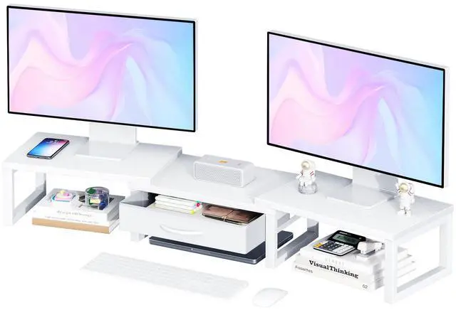 Main image of Dual Monitor Stand Riser, Desk Organizers and Accessories with Drawer, Computer Monitor Stands for Desk, Adjustable Desktop Shelf for PC Laptop Printer TV, White