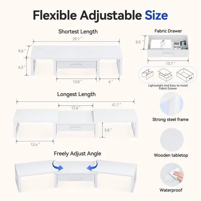 Alt view image 2 of 7 - Dual Monitor Stand Riser, Desk Organizers and Accessories with Drawer, Computer Monitor Stands for Desk, Adjustable Desktop Shelf for PC Laptop Printer TV, White