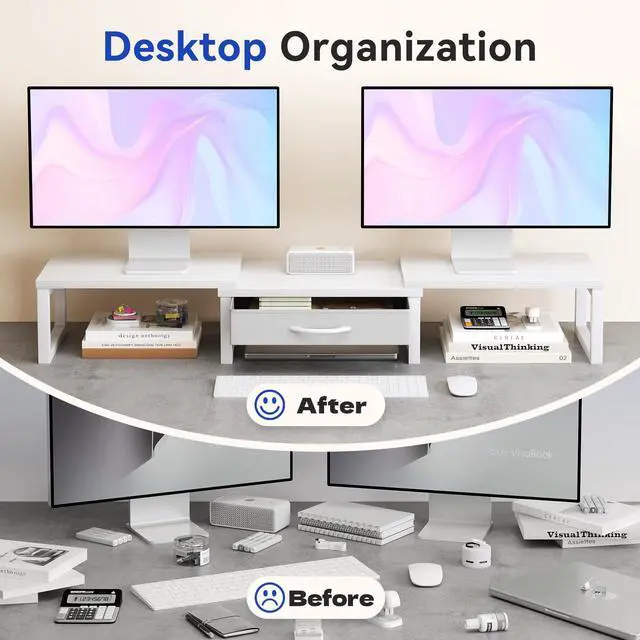 Alt view image 3 of 7 - Dual Monitor Stand Riser, Desk Organizers and Accessories with Drawer, Computer Monitor Stands for Desk, Adjustable Desktop Shelf for PC Laptop Printer TV, White