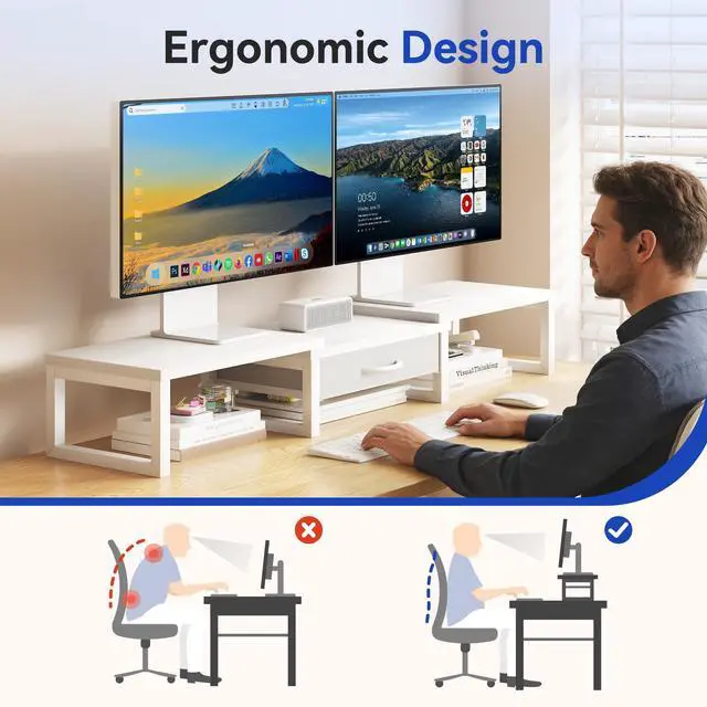 Alt view image 4 of 7 - Dual Monitor Stand Riser, Desk Organizers and Accessories with Drawer, Computer Monitor Stands for Desk, Adjustable Desktop Shelf for PC Laptop Printer TV, White