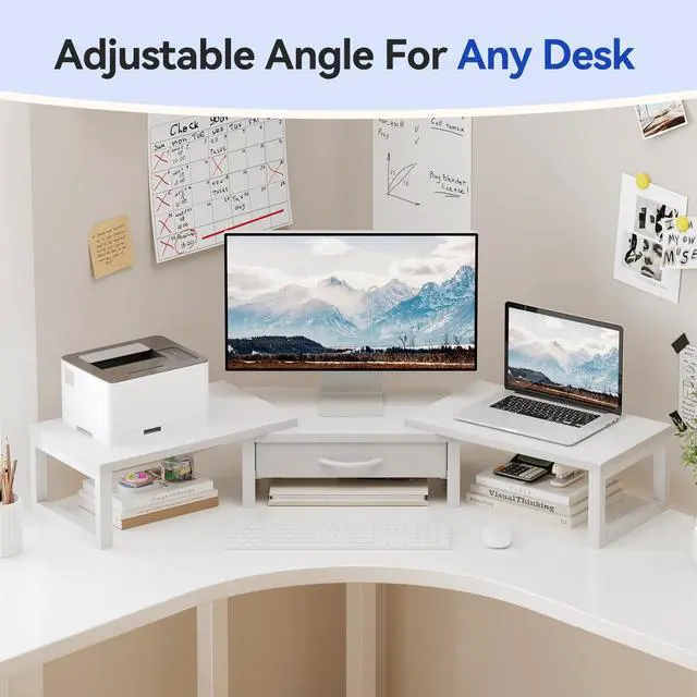 Alt view image 5 of 7 - Dual Monitor Stand Riser, Desk Organizers and Accessories with Drawer, Computer Monitor Stands for Desk, Adjustable Desktop Shelf for PC Laptop Printer TV, White