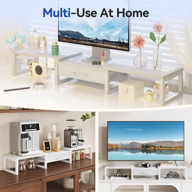 Alt view image 6 of 7 - Dual Monitor Stand Riser, Desk Organizers and Accessories with Drawer, Computer Monitor Stands for Desk, Adjustable Desktop Shelf for PC Laptop Printer TV, White