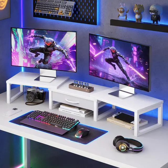 Alt view image 7 of 7 - Dual Monitor Stand Riser, Desk Organizers and Accessories with Drawer, Computer Monitor Stands for Desk, Adjustable Desktop Shelf for PC Laptop Printer TV, White