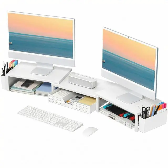 Main image of Desk Organizers and Accessories, Dual Monitor Stand Riser with Drawer and 2 Pen Holders, Desk Shelf Metal Computer Racks for Office Workspace Organizers, Desktop Organization (White Metal)