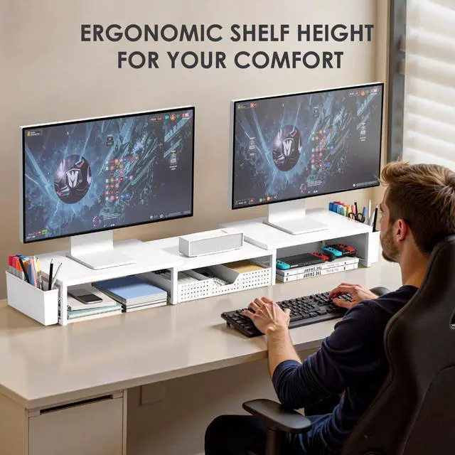 Alt view image 2 of 7 - Desk Organizers and Accessories, Dual Monitor Stand Riser with Drawer and 2 Pen Holders, Desk Shelf Metal Computer Racks for Office Workspace Organizers, Desktop Organization (White Metal)