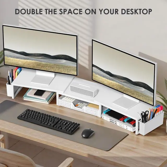 Alt view image 4 of 7 - Desk Organizers and Accessories, Dual Monitor Stand Riser with Drawer and 2 Pen Holders, Desk Shelf Metal Computer Racks for Office Workspace Organizers, Desktop Organization (White Metal)