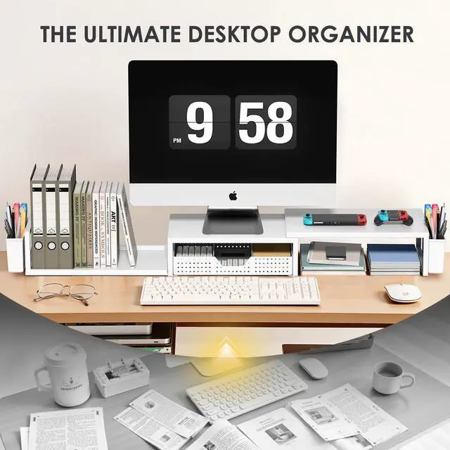 Alt view image 5 of 7 - Desk Organizers and Accessories, Dual Monitor Stand Riser with Drawer and 2 Pen Holders, Desk Shelf Metal Computer Racks for Office Workspace Organizers, Desktop Organization (White Metal)