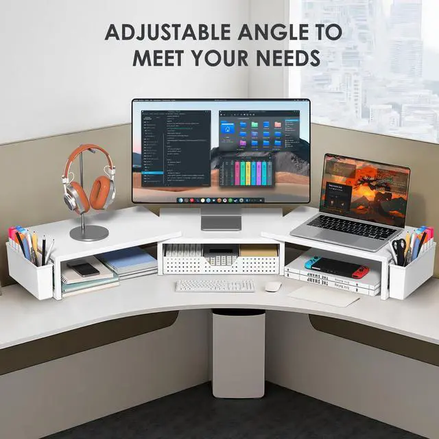 Alt view image 6 of 7 - Desk Organizers and Accessories, Dual Monitor Stand Riser with Drawer and 2 Pen Holders, Desk Shelf Metal Computer Racks for Office Workspace Organizers, Desktop Organization (White Metal)