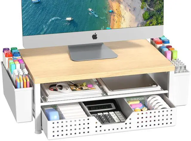 Main image of Wood Metal Monitor Stand Riser, Laptop Stand for Desk, Office Desk Organizer and Accessories, Computer Desktop Shelf with Drawer and Pen Holder, Office, Dorm (Natural Wood)