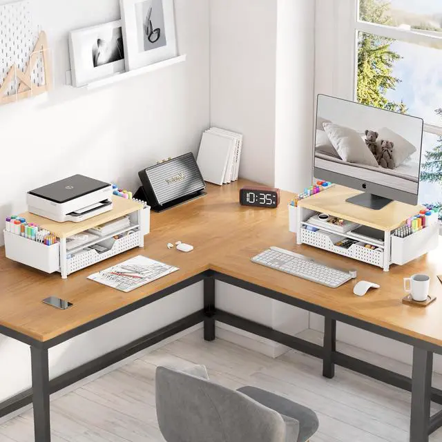 Alt view image 4 of 7 - Wood Metal Monitor Stand Riser, Laptop Stand for Desk, Office Desk Organizer and Accessories, Computer Desktop Shelf with Drawer and Pen Holder, Office, Dorm (Natural Wood)