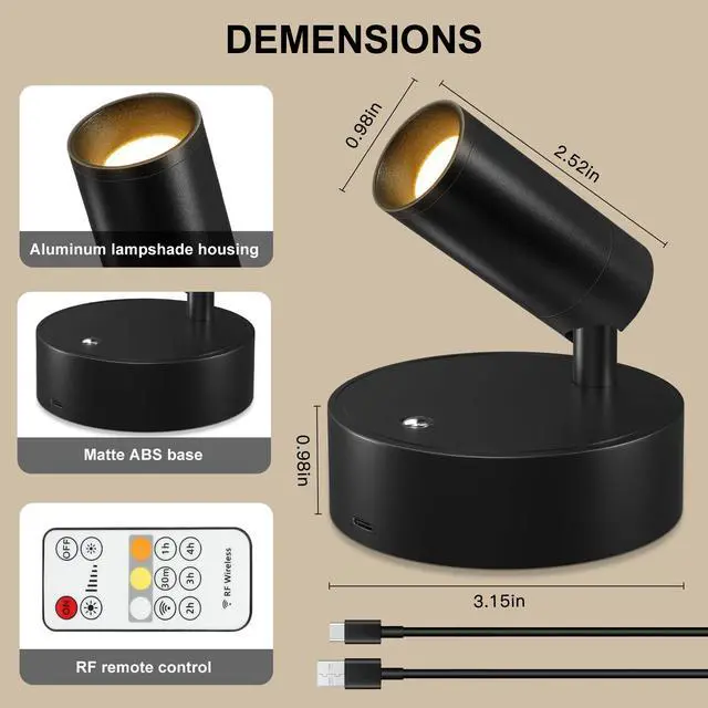 Alt view image 6 of 7 - Wireless LED Spotlight, Spot Lights Indoor, Uplighting Indoor with Timer and Dimmable, Rechargeable Wall Lights Picture Light Accent Lighting for Plants (2 Pack)