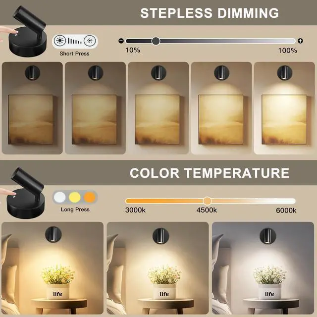 Alt view image 5 of 7 - Wireless LED Spotlight, Spot Lights Indoor, Uplighting Indoor with Timer and Dimmable, Rechargeable Wall Lights Picture Light Accent Lighting for Plants (2 Pack)