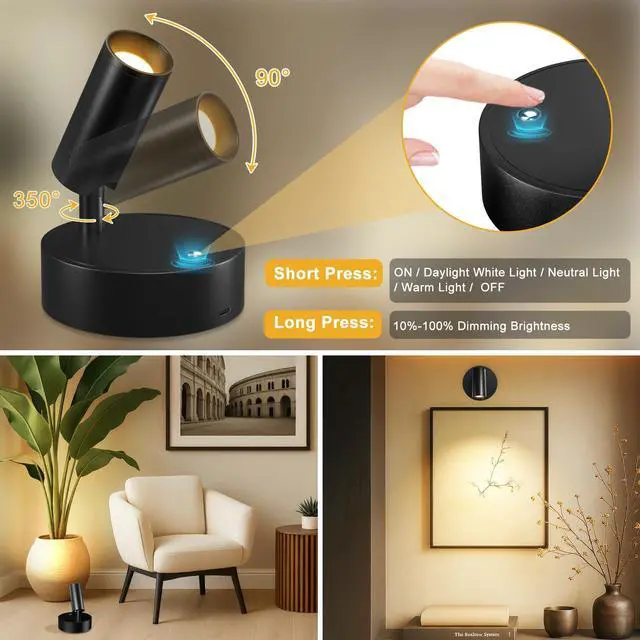 Alt view image 4 of 7 - Wireless LED Spotlight, Spot Lights Indoor, Uplighting Indoor with Timer and Dimmable, Rechargeable Wall Lights Picture Light Accent Lighting for Plants (2 Pack)