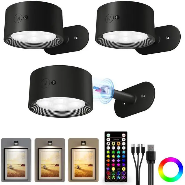 Main image of Picture Lights for Wall, 2000mAh Rechargeable Magnetic Art Lights with 3 Color Temps & RGB, Remote Dimmable Battery Operated Wall Light for Bedroom, Living Room, Gallery (Black, 3 Pack)
