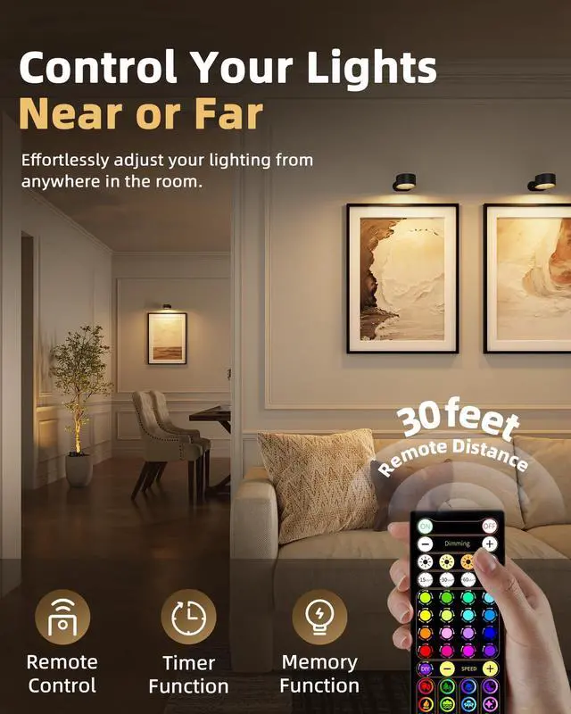 Alt view image 3 of 7 - Picture Lights for Wall, 2000mAh Rechargeable Magnetic Art Lights with 3 Color Temps & RGB, Remote Dimmable Battery Operated Wall Light for Bedroom, Living Room, Gallery (Black, 3 Pack)