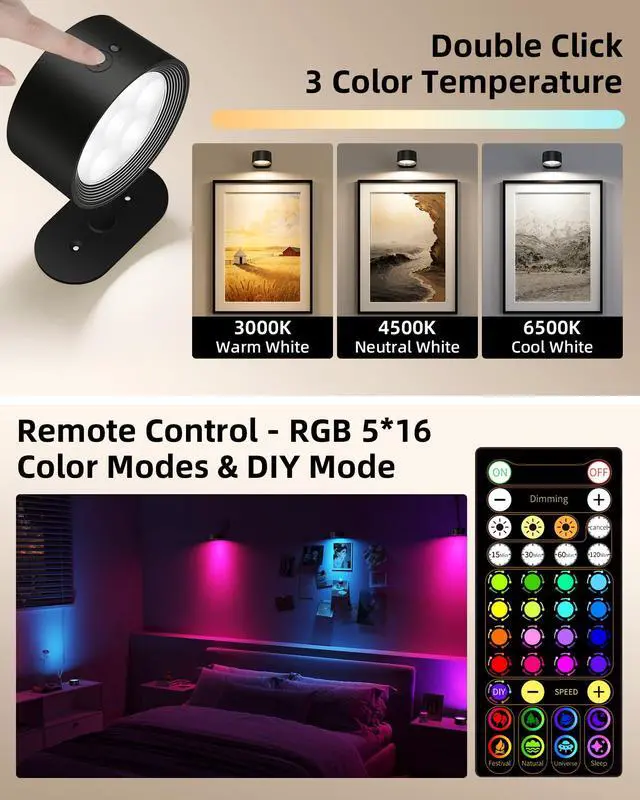 Alt view image 6 of 7 - Picture Lights for Wall, 2000mAh Rechargeable Magnetic Art Lights with 3 Color Temps & RGB, Remote Dimmable Battery Operated Wall Light for Bedroom, Living Room, Gallery (Black, 3 Pack)