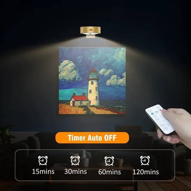 Alt view image 4 of 7 - 3Pack Picture Light Battery Operated Painting Lights for Wall Wireless Magnetic Display Art Light with Remote Control,Dimmable&Timer Portrait Light for Art Frame Artworking,Wall Decor Puck Lights-Gold