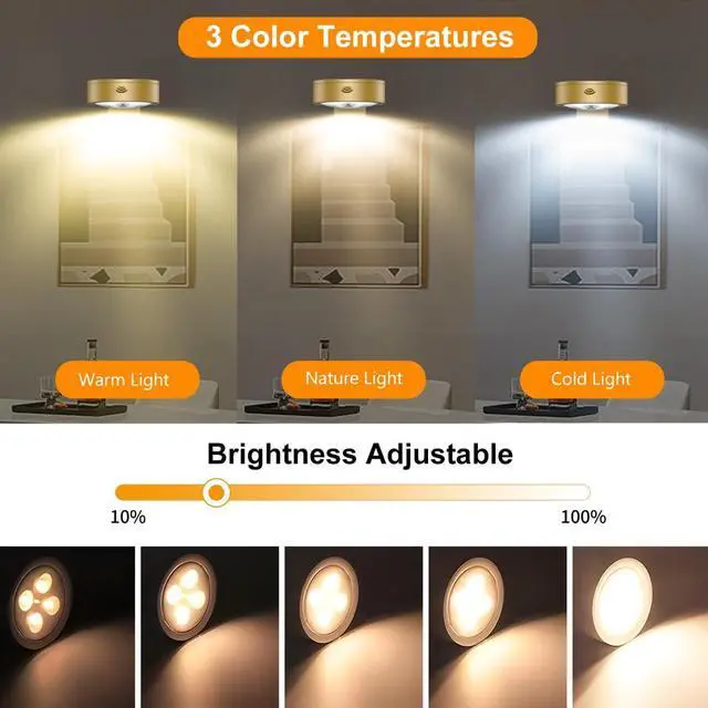 Alt view image 3 of 7 - 3Pack Picture Light Battery Operated Painting Lights for Wall Wireless Magnetic Display Art Light with Remote Control,Dimmable&Timer Portrait Light for Art Frame Artworking,Wall Decor Puck Lights-Gold