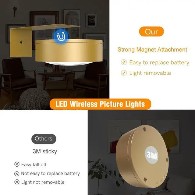 Alt view image 6 of 7 - 3Pack Picture Light Battery Operated Painting Lights for Wall Wireless Magnetic Display Art Light with Remote Control,Dimmable&Timer Portrait Light for Art Frame Artworking,Wall Decor Puck Lights-Gold