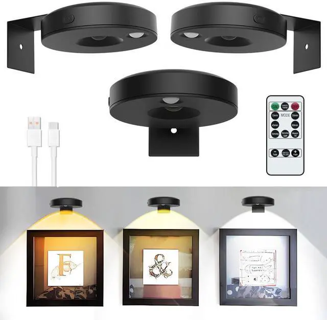 Main image of 3Pack LED Picture Lights for Wall Rechargeable Battery Picture Frame Light with Remote Wireless Magnetic Art Display Light Dimmable&Timer Wall Sconce for Painting Poster Artwork Home Lighting Decor