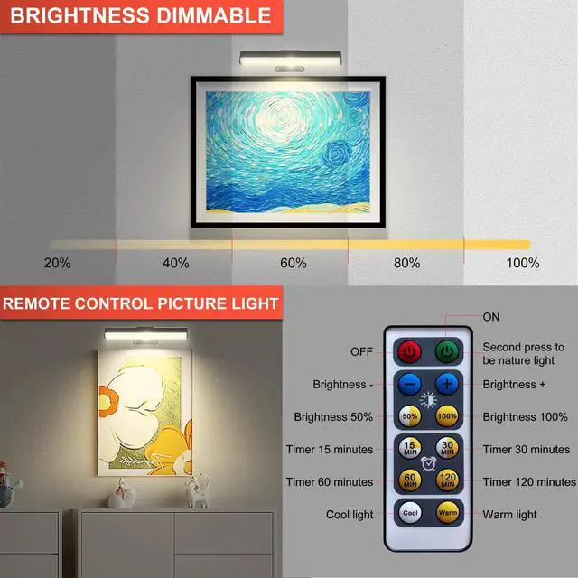 Alt view image 4 of 7 - 4pcs Battery Operated Picture Light with 3 Lighting Color,Painting Light for Wall with Remote,Led for Art Indoor Brightness Dimmable, Timer-Off Display Accent Light for Frame Gallery
