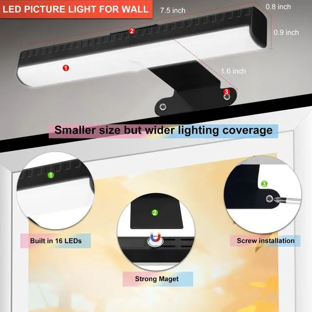 Alt view image 6 of 7 - 4pcs Battery Operated Picture Light with 3 Lighting Color,Painting Light for Wall with Remote,Led for Art Indoor Brightness Dimmable, Timer-Off Display Accent Light for Frame Gallery