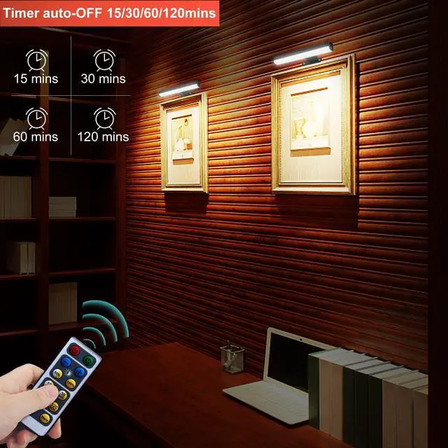 Alt view image 7 of 7 - 4pcs Battery Operated Picture Light with 3 Lighting Color,Painting Light for Wall with Remote,Led for Art Indoor Brightness Dimmable, Timer-Off Display Accent Light for Frame Gallery