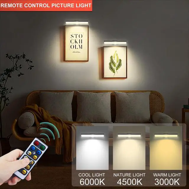Alt view image 3 of 7 - 4pcs Battery Operated Picture Light with 3 Lighting Color,Painting Light for Wall with Remote,Led for Art Indoor Brightness Dimmable, Timer-Off Display Accent Light for Frame Gallery
