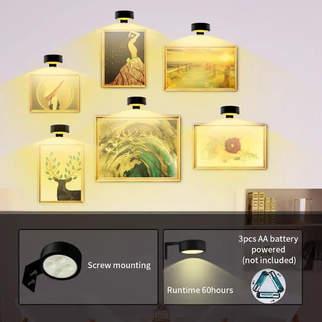 Alt view image 3 of 7 - 3PACK Picture Light Battery Operated with Remote, Painting Light for Wall Art with 3 Lighting Colors Dimmable, LED Art Display Accent Light on Wall for Poster Dartboard Frame Portrait Black