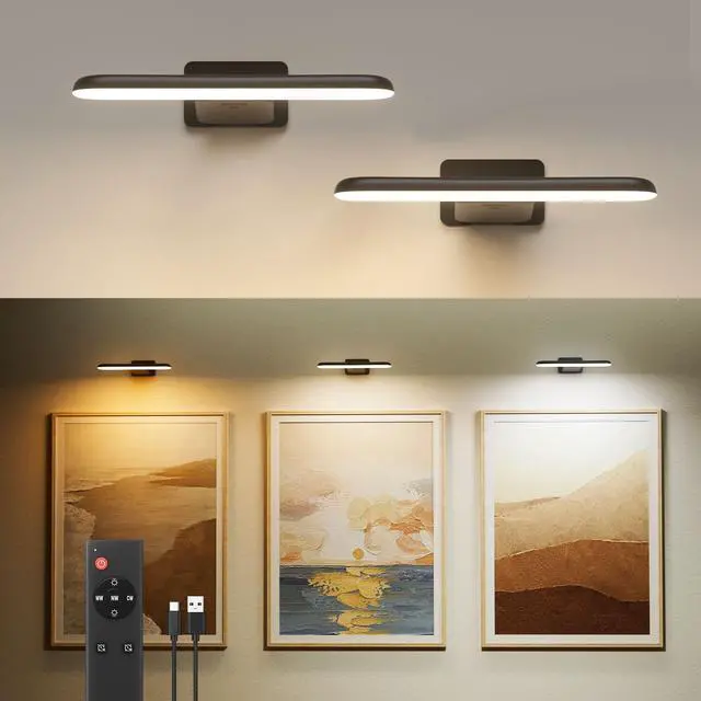 Main image of 2 Pack Picture Lights for Wall,Art Lights for Painting,Battery Operated Wall Sconce Rechargeable,LED Wall Light Cordless with Remote, Frame,Gallery,Dartboard Lights No-Drill,Black