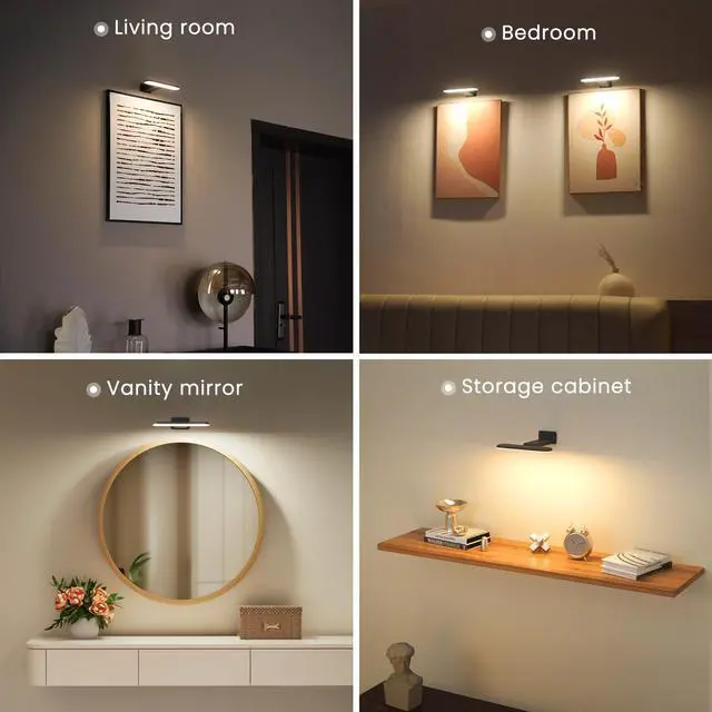Alt view image 4 of 7 - 2 Pack Picture Lights for Wall,Art Lights for Painting,Battery Operated Wall Sconce Rechargeable,LED Wall Light Cordless with Remote, Frame,Gallery,Dartboard Lights No-Drill,Black