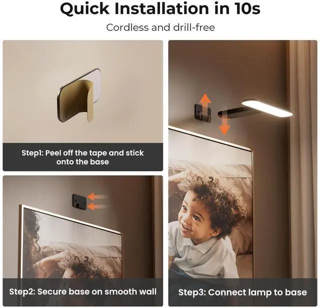 Alt view image 6 of 7 - 2 Pack Picture Lights for Wall,Art Lights for Painting,Battery Operated Wall Sconce Rechargeable,LED Wall Light Cordless with Remote, Frame,Gallery,Dartboard Lights No-Drill,Black