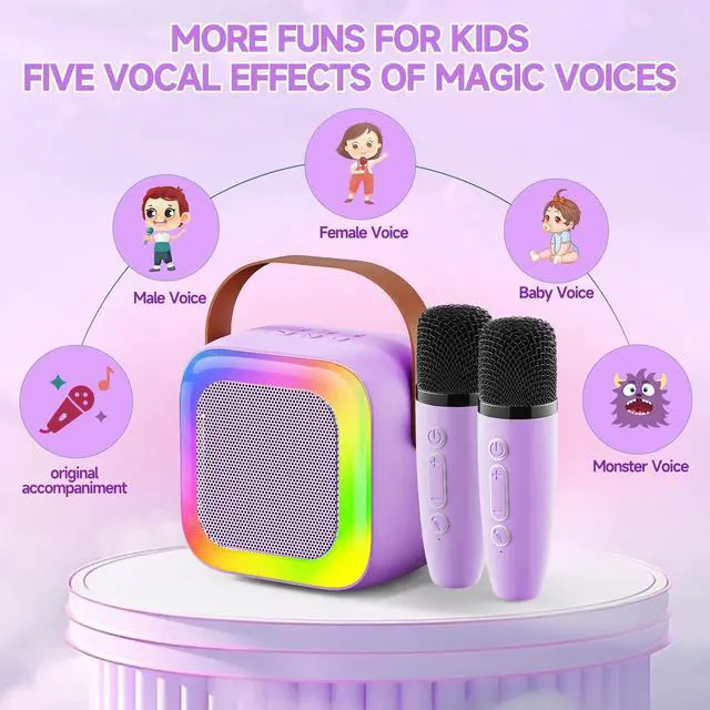 Alt view image 2 of 6 - Mini Karaoke Machine for Kids Teen Adults, Kids Karaoke Machine with 2 Wireless Microphones and LED Lights Toys for Party, Home, Gifts for 4 5 6 7 8 9 10 11 12+ Years Girls Boys(Purple)