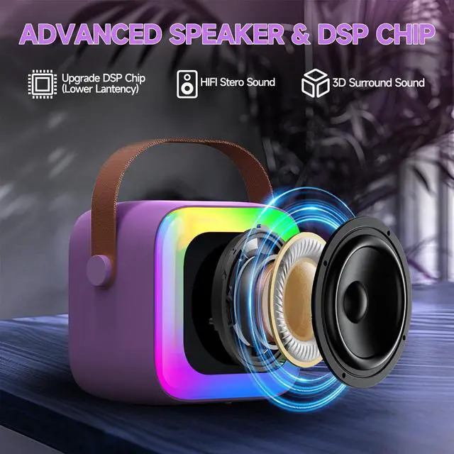 Alt view image 3 of 6 - Mini Karaoke Machine for Kids Teen Adults, Kids Karaoke Machine with 2 Wireless Microphones and LED Lights Toys for Party, Home, Gifts for 4 5 6 7 8 9 10 11 12+ Years Girls Boys(Purple)