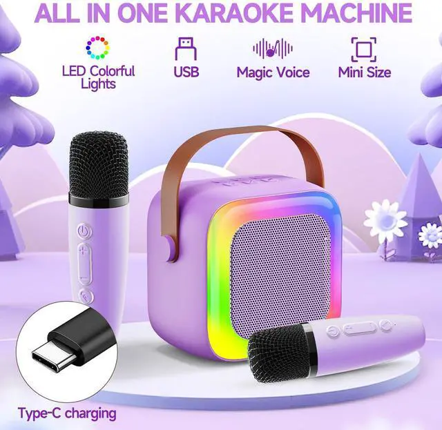 Alt view image 4 of 6 - Mini Karaoke Machine for Kids Teen Adults, Kids Karaoke Machine with 2 Wireless Microphones and LED Lights Toys for Party, Home, Gifts for 4 5 6 7 8 9 10 11 12+ Years Girls Boys(Purple)