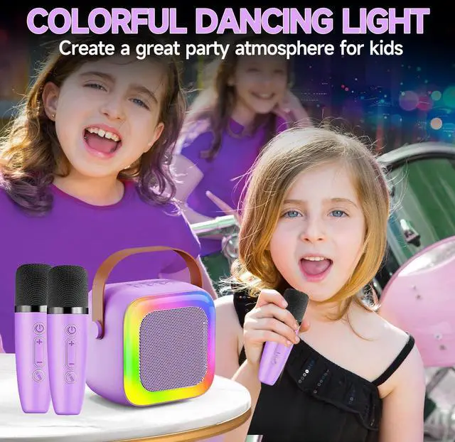 Alt view image 6 of 6 - Mini Karaoke Machine for Kids Teen Adults, Kids Karaoke Machine with 2 Wireless Microphones and LED Lights Toys for Party, Home, Gifts for 4 5 6 7 8 9 10 11 12+ Years Girls Boys(Purple)