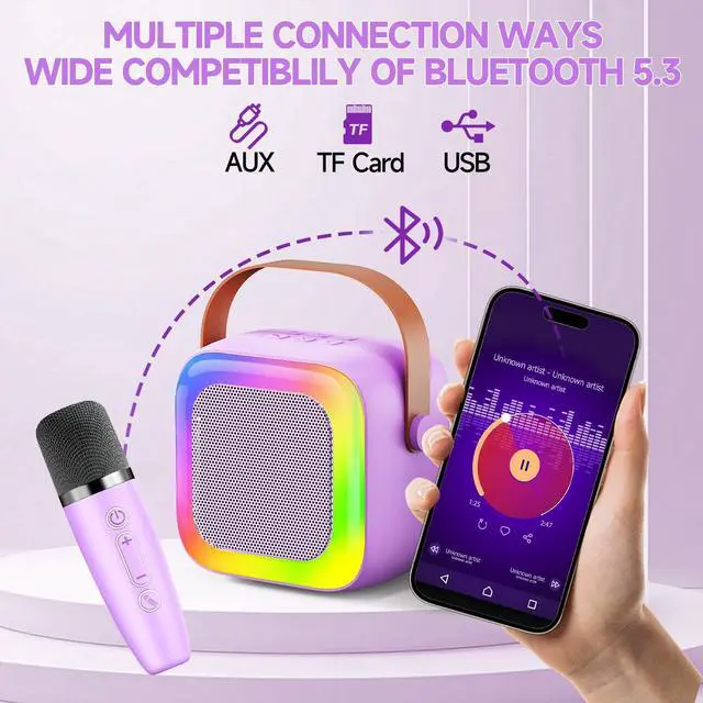 Alt view image 5 of 6 - Mini Karaoke Machine for Kids Teen Adults, Kids Karaoke Machine with 2 Wireless Microphones and LED Lights Toys for Party, Home, Gifts for 4 5 6 7 8 9 10 11 12+ Years Girls Boys(Purple)