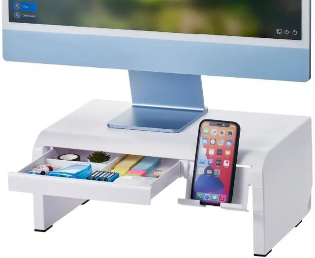 Main image of Konnect Adjustable Monitor Riser with Drawer & Cell Phone Holder, Laptop Stand for Desk, 4 Height Levels, Cable Management & Rubber Feet