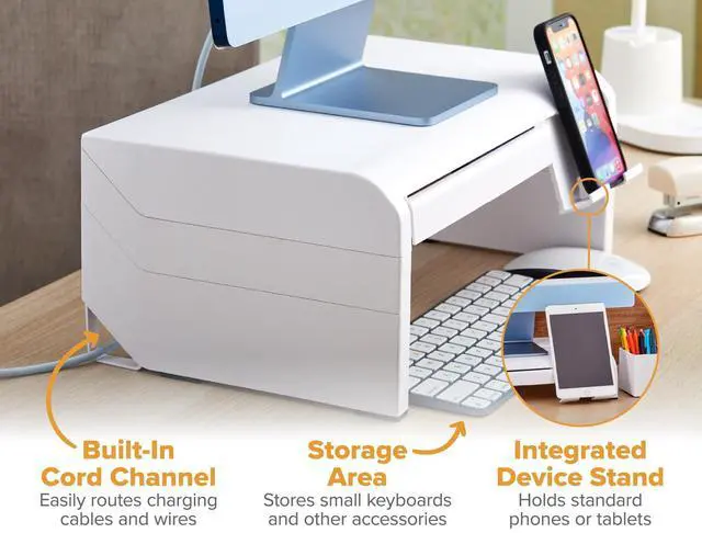 Alt view image 5 of 7 - Konnect Adjustable Monitor Riser with Drawer & Cell Phone Holder, Laptop Stand for Desk, 4 Height Levels, Cable Management & Rubber Feet