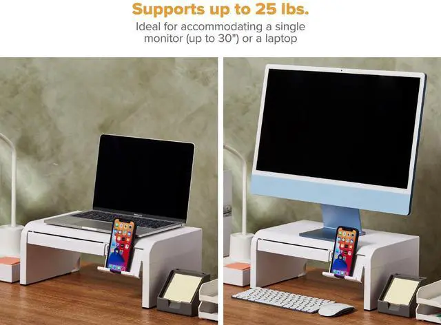 Alt view image 3 of 7 - Konnect Adjustable Monitor Riser with Drawer & Cell Phone Holder, Laptop Stand for Desk, 4 Height Levels, Cable Management & Rubber Feet